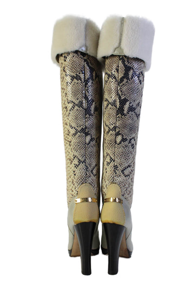 Roberto Cavalli Womens Leather Animal Print Heeled Knee High Boots Beige Size 7