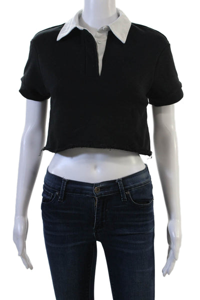 TWENTY MONTREAL Women Cropped Collared Polo Short Sleeve Black Size XS