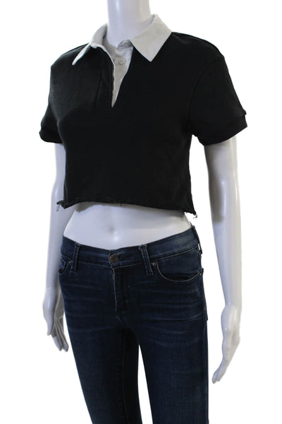 TWENTY MONTREAL Women Cropped Collared Polo Short Sleeve Black Size XS