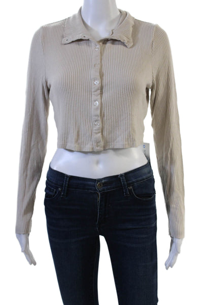The Range Womens Cropped Striped Collar Button Up Sweater Beige Viscose Size L