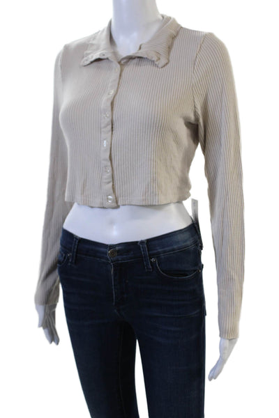 The Range Womens Cropped Striped Collar Button Up Sweater Beige Viscose Size L