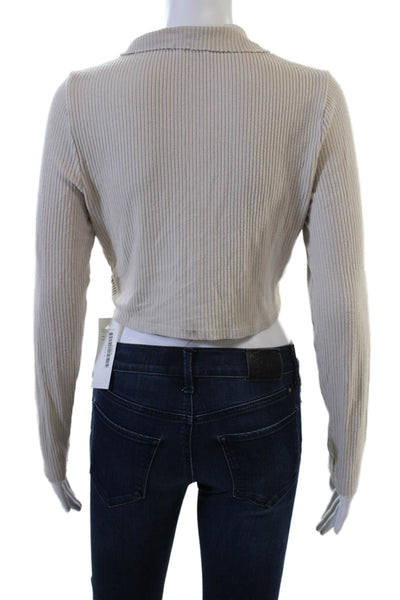 The Range Womens Cropped Striped Collar Button Up Sweater Beige Viscose Size L