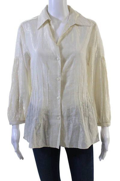 Lafayette 148 New York Women Beige Striped 3/4 Sleeve Button-Up Blouse Size 8