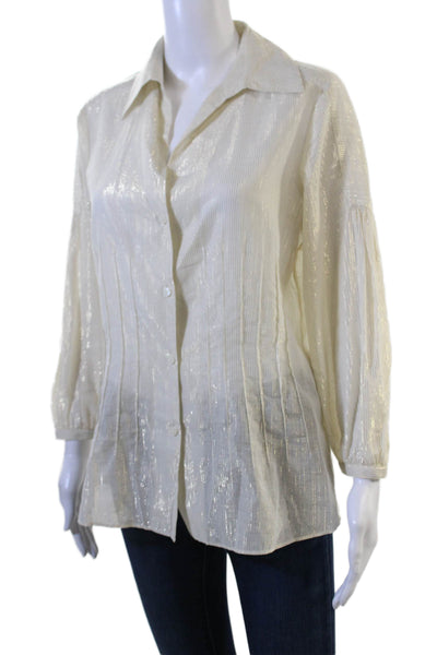 Lafayette 148 New York Women Beige Striped 3/4 Sleeve Button-Up Blouse Size 8