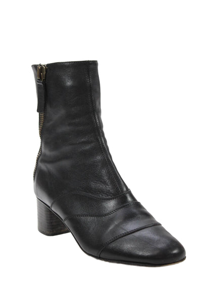 Chloe Women's Round Toe Leather Block Heel Ankle Boots Black Size 39