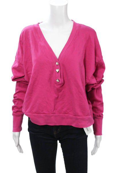 Michael Lauren Women Pink Henley Sweatshirt Cotton Long Sleeve V-Neck Size L