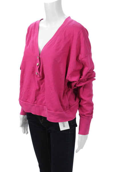 Michael Lauren Women Pink Henley Sweatshirt Cotton Long Sleeve V-Neck Size L