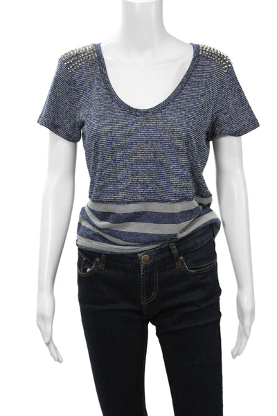 Karen Millen Women Jersey Striped Blue Round Neck Short Sleeve T-Shirt Size 6