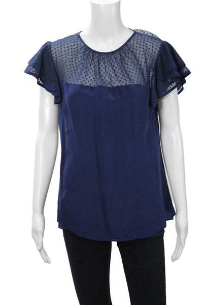 Shoshanna Women Dark Blue Polka Dot Round Neck Short Sleeve Blouse Size S