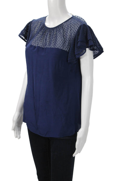 Shoshanna Women Dark Blue Polka Dot Round Neck Short Sleeve Blouse Size S