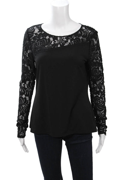 T Tahari Women Black Floral Round Neck Long Sleeve Blouse Designer Size S