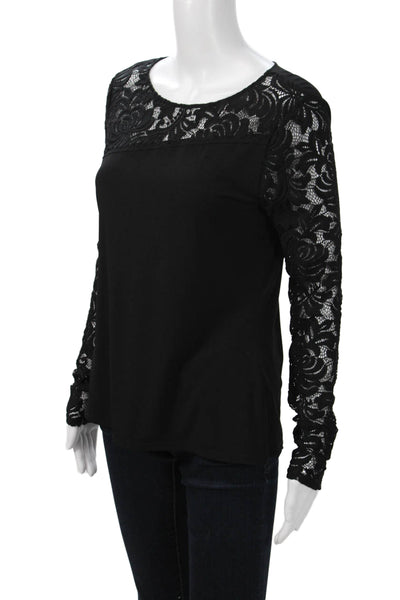 T Tahari Women Black Floral Round Neck Long Sleeve Blouse Designer Size S