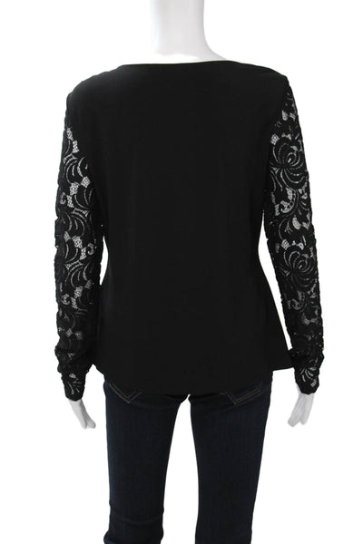T Tahari Women Black Floral Round Neck Long Sleeve Blouse Designer Size S