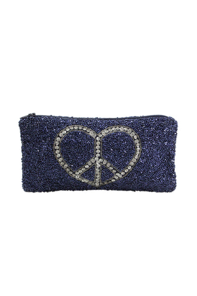 Moyna Womens Beaded Heart Peace Sign Motif Zippered Pouch Dark Blue