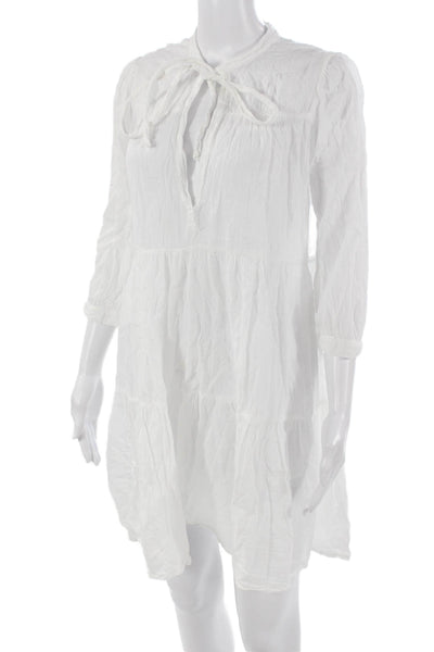 Honorine Women Shift Dress White 3/4 Sleeve Drawstring Short Size XS