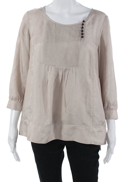 Jigsaw Womens Silk Tunic Blouse Beige Round Neck Button 3/4 Sleeve Size S