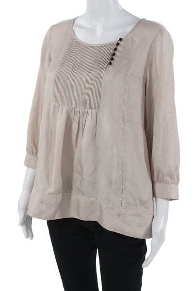 Jigsaw Womens Silk Tunic Blouse Beige Round Neck Button 3/4 Sleeve Size S