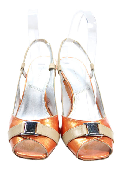 Tahari Womens Patent Leather Peep Toe Bevan Slingbacks Orange Size 6 Medium