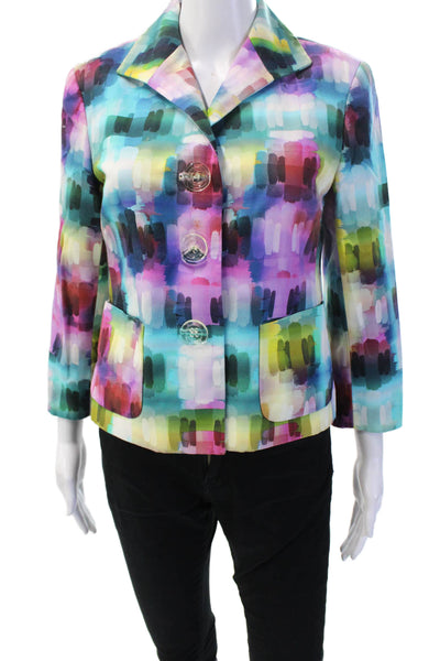 Lafayette 148 New York Women Blue Cotton Blazer 3/4 Sleeve Graphic Print Size 6