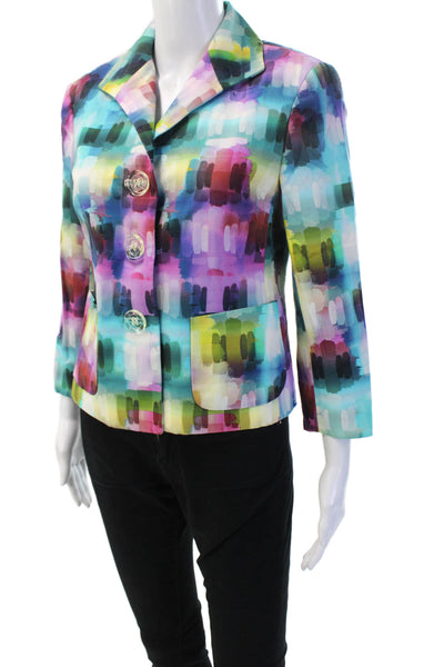 Lafayette 148 New York Women Blue Cotton Blazer 3/4 Sleeve Graphic Print Size 6