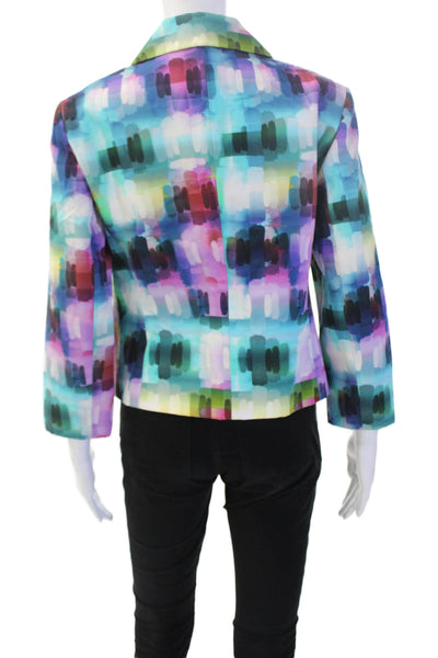 Lafayette 148 New York Women Blue Cotton Blazer 3/4 Sleeve Graphic Print Size 6