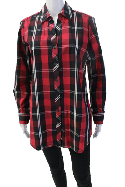 Foxcroft Womens Tunic Button-Up Black Plaid Collared Long Sleeve Size 8
