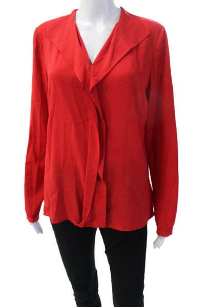 Lafayette 148 New York Women Red Silk Blend V-Neck Long Sleeve Blouse Size 8