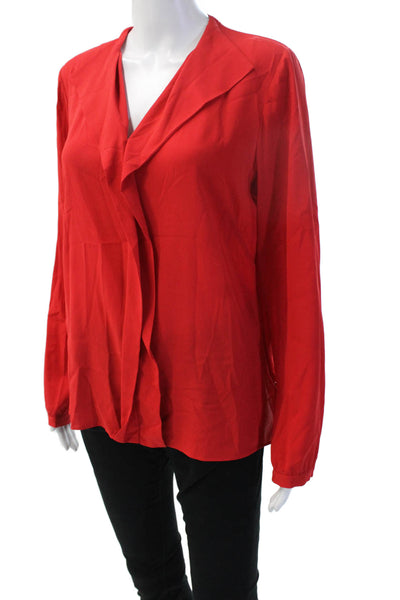 Lafayette 148 New York Women Red Silk Blend V-Neck Long Sleeve Blouse Size 8