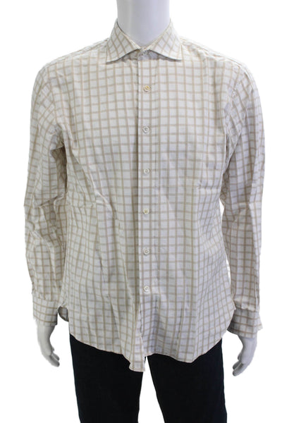 Michael Kors Mens Point Collar Beige Check Dress Shirt Size 16