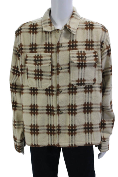BDG Mens Plaid Button Down Shirt White Brown Wool Blend Size Extra Large
