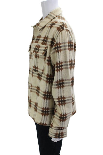 BDG Mens Plaid Button Down Shirt White Brown Wool Blend Size Extra Large