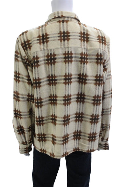BDG Mens Plaid Button Down Shirt White Brown Wool Blend Size Extra Large