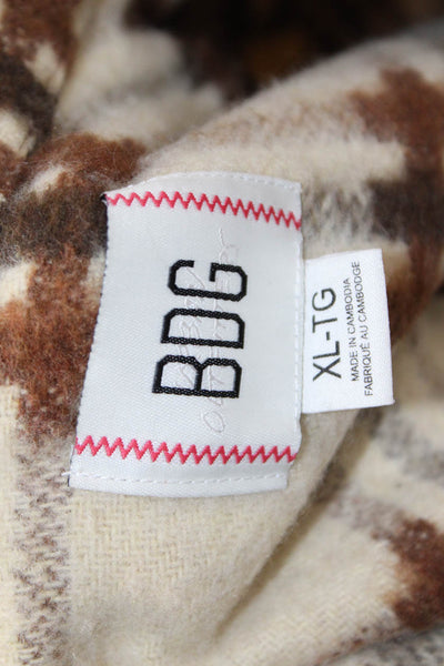 BDG Mens Plaid Button Down Shirt White Brown Wool Blend Size Extra Large
