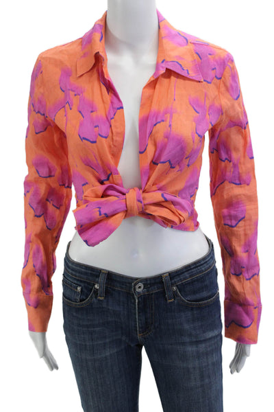 Reiss Women Cropped Floral Linen Collared Button Up Blouse Orange Size 0