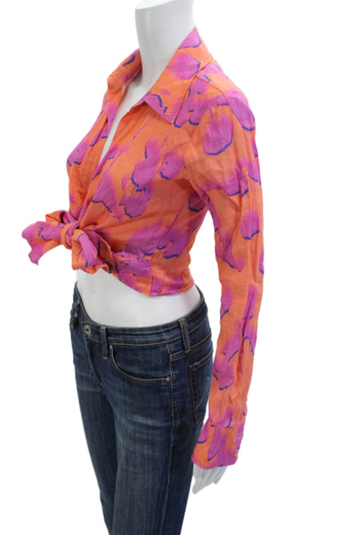 Reiss Women Cropped Floral Linen Collared Button Up Blouse Orange Size 0