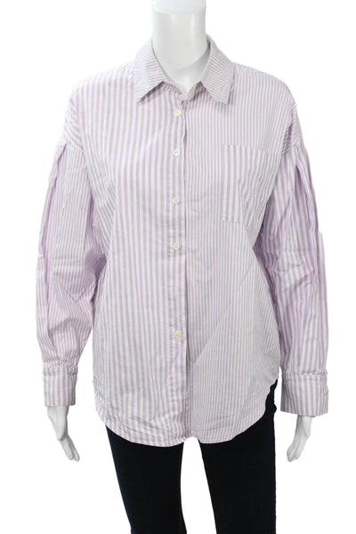 Vero Alfie Womens Purple Striped Button Up Long Sleeve Cotton Top Size 1