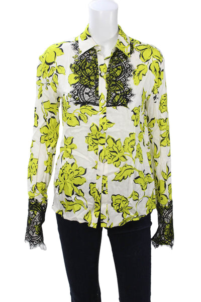 Le Superbe Women Black Floral Collared Button-Up Long Sleeve Blouse Size 2