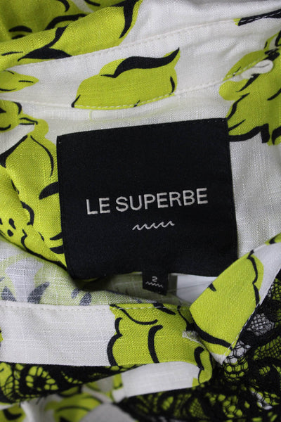 Le Superbe Women Black Floral Collared Button-Up Long Sleeve Blouse Size 2