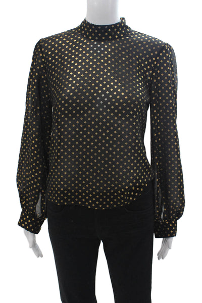 LPA Womens Black Geometric Mock Neck Long Sleeve Blouse Button Size S
