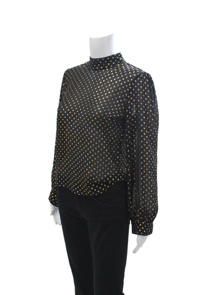 LPA Womens Black Geometric Mock Neck Long Sleeve Blouse Button Size S