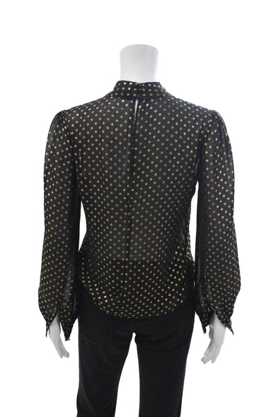 LPA Womens Black Geometric Mock Neck Long Sleeve Blouse Button Size S