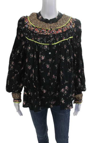 Free People Women Bohemian Floral Black Long Sleeve Round Neck Blouse Size S