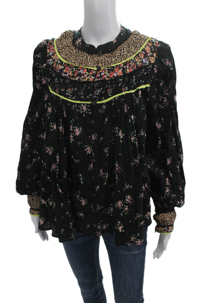 Free People Women Bohemian Floral Black Long Sleeve Round Neck Blouse Size S