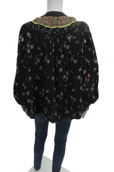Free People Women Bohemian Floral Black Long Sleeve Round Neck Blouse Size S
