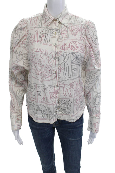 Magali Pascal Womens Collared Button Up Cotton Animal Graphic Blouse Size XS
