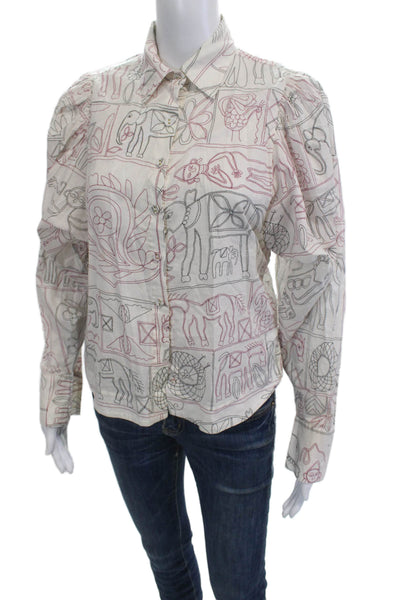 Magali Pascal Womens Collared Button Up Cotton Animal Graphic Blouse Size XS