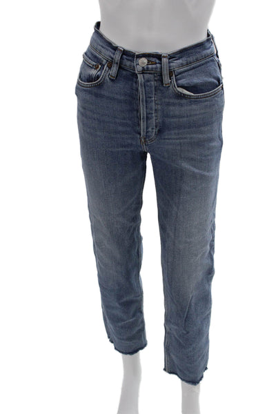 Re/Done Women Cropped Straight Jeans Blue Mid Rise 27 Inseam Size 25