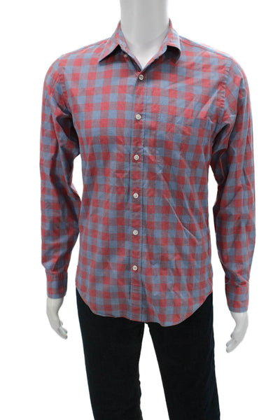 J Crew Mens Button Front Long Sleeve Plaid Slim Cut Shirt Red Blue Small
