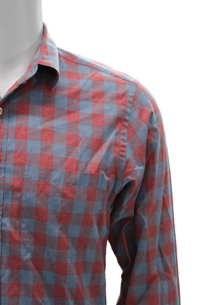 J Crew Mens Button Front Long Sleeve Plaid Slim Cut Shirt Red Blue Small