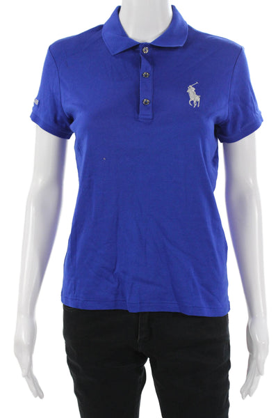 Ralph Lauren Golf Women Solid Blue Collared Short Sleeve Cotton Polo Size M